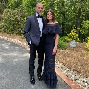 Tadashi Shoji Formal Off-the-Shoulder Navy Gown, Ruffle Detail, Size Small